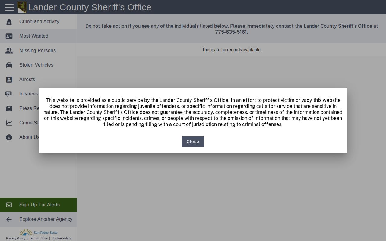 Official Lander County most-wanted page with no entries