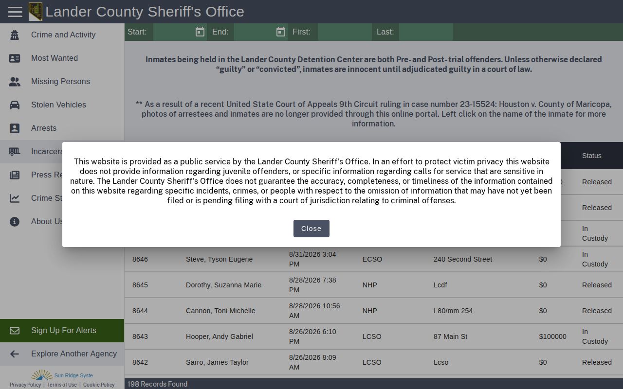 Lander County incarcerated-person roster search