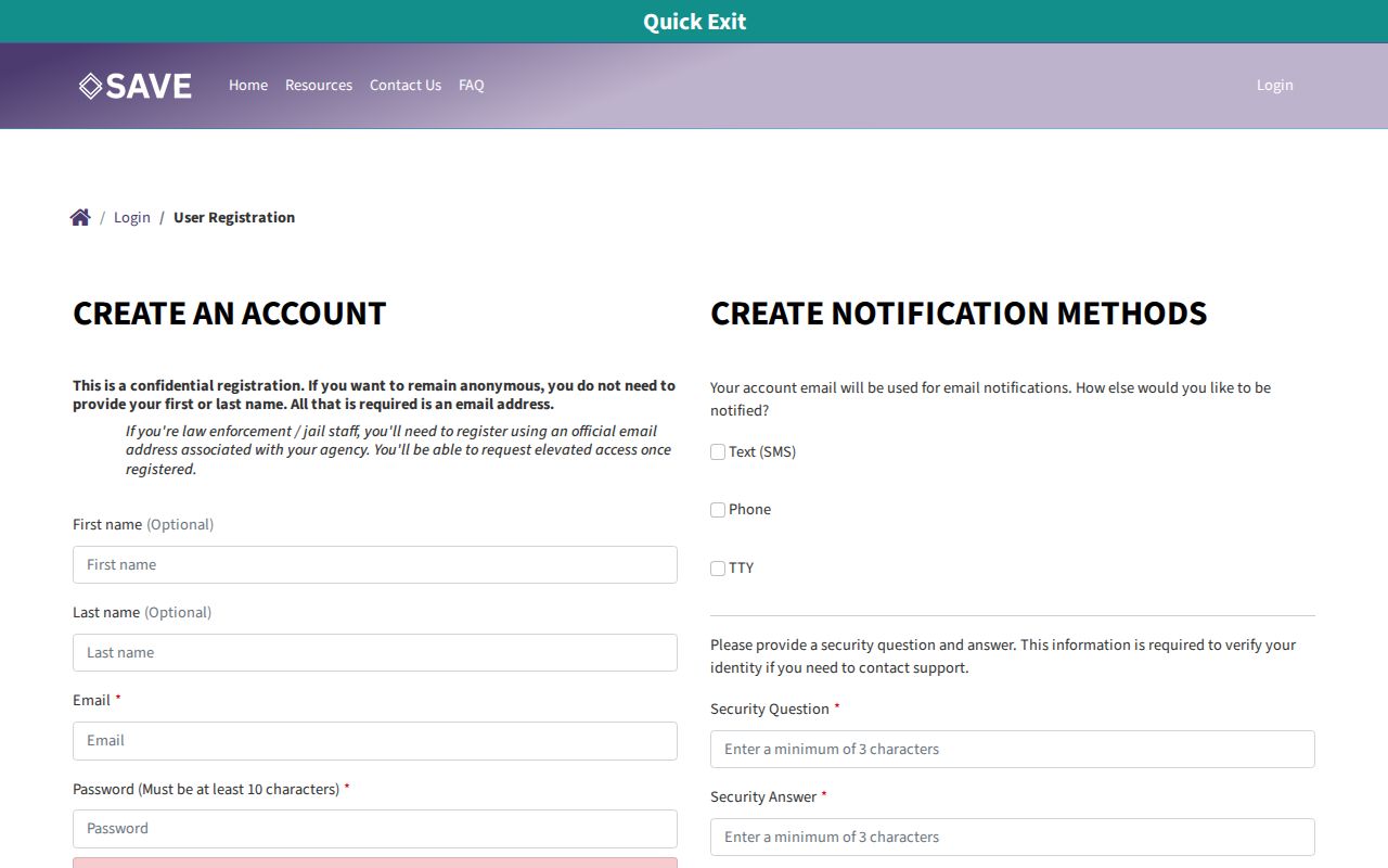 Nevada S.A.V.E. registration screen for Lander County custody alerts