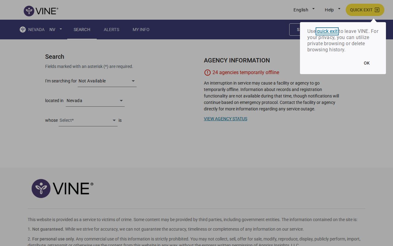 Retired Nevada VINELink arrest check transition screen