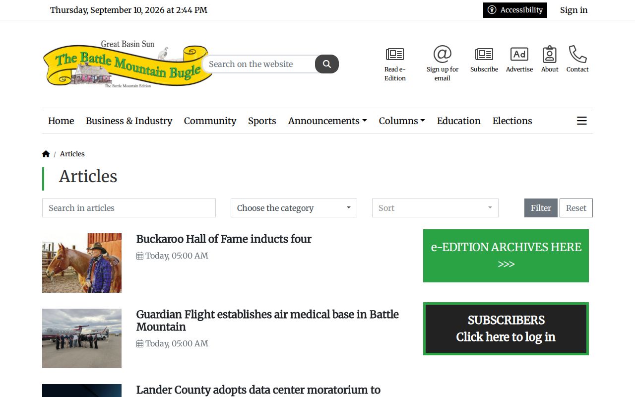 Battle Mountain Bugle articles page used for Lander County news searches